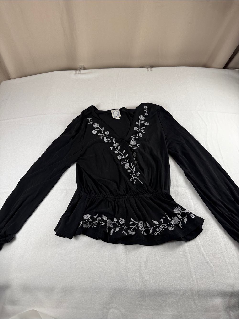 Lucky Brand Black V-Neck Peplum Top with White Floral Embroidery MS - 302